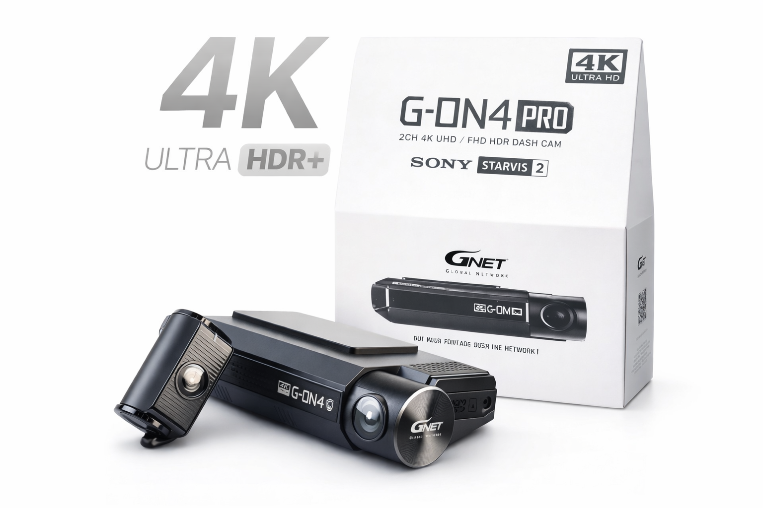 Ana kamera ve ayrı modül içeren bir GNET 4K araç kamerası seti.