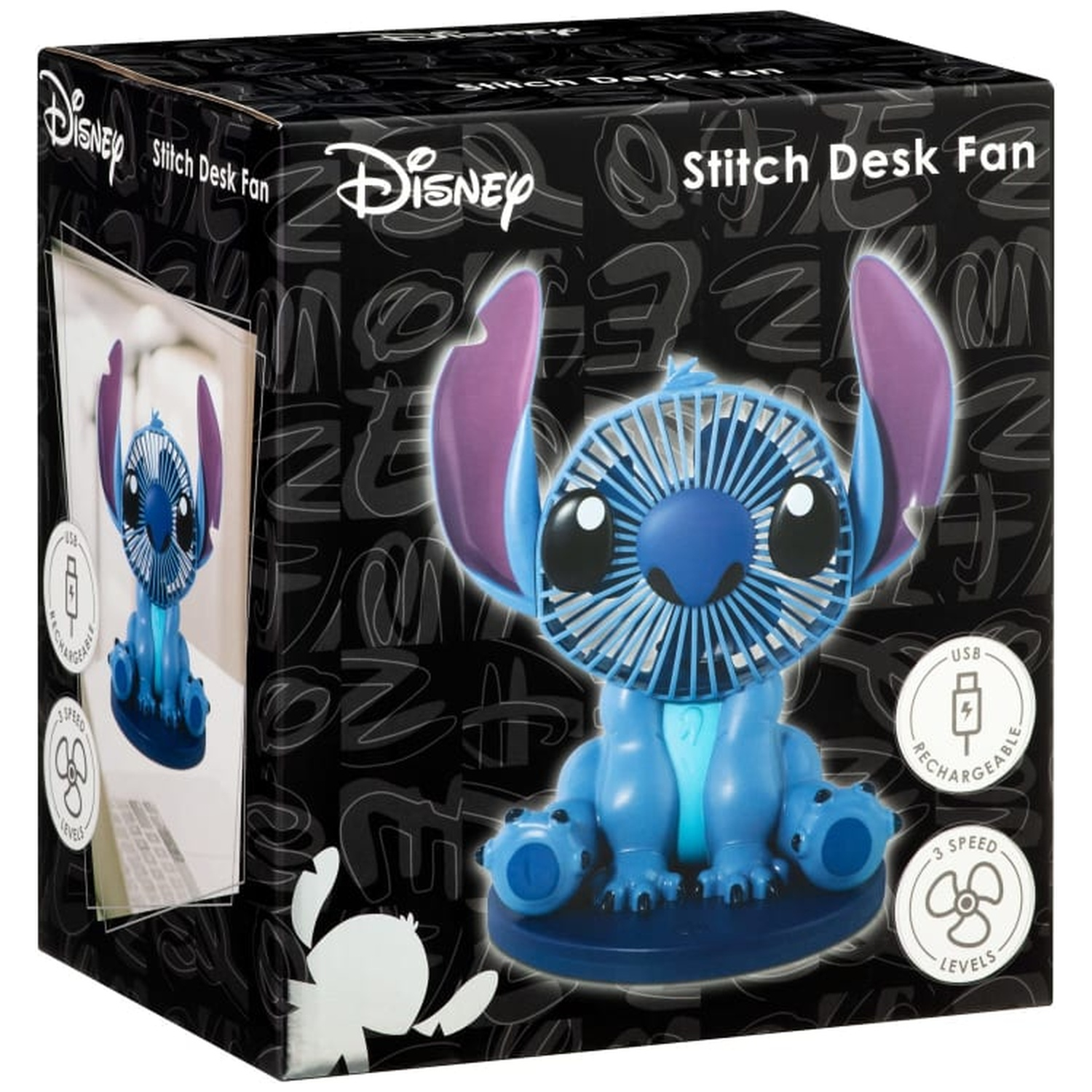 Emballage de ventilateur de bureau Disney Stitch avec un ventilateur Stitch bleu.