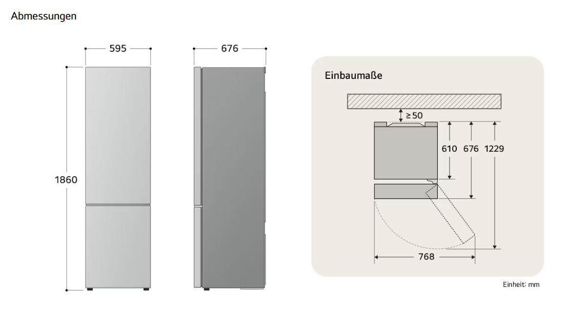 Diagramm zeigt Maße eines Kühlschranks: 1860x595mm Frontansicht, 676mm Tiefe, und Einbaumaße.