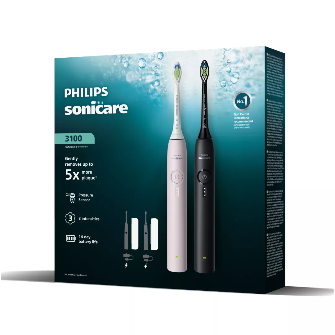 Verpackung mit zwei Philips Sonicare Zahnbürsten, weiß und schwarz.