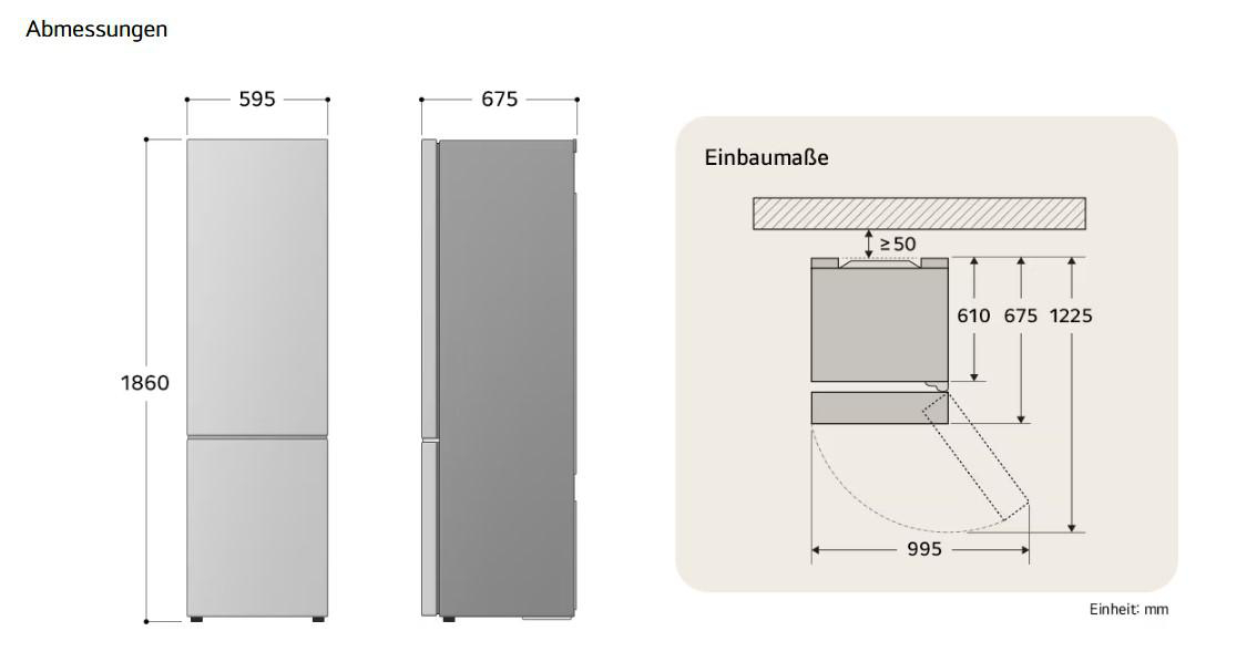 Abmessungen eines Kühlschranks mit 1860mm Höhe und 595mm Breite sowie Einbaumaße.