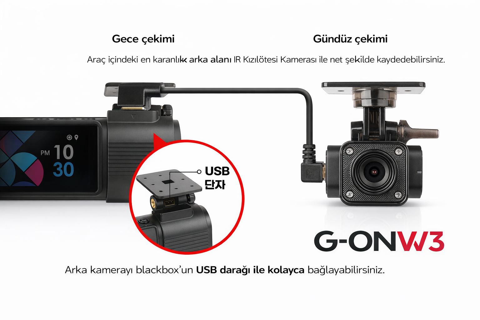 İki araç kamerası, gündüz ve gece çekimi. USB bağlantısı gösteriliyor.