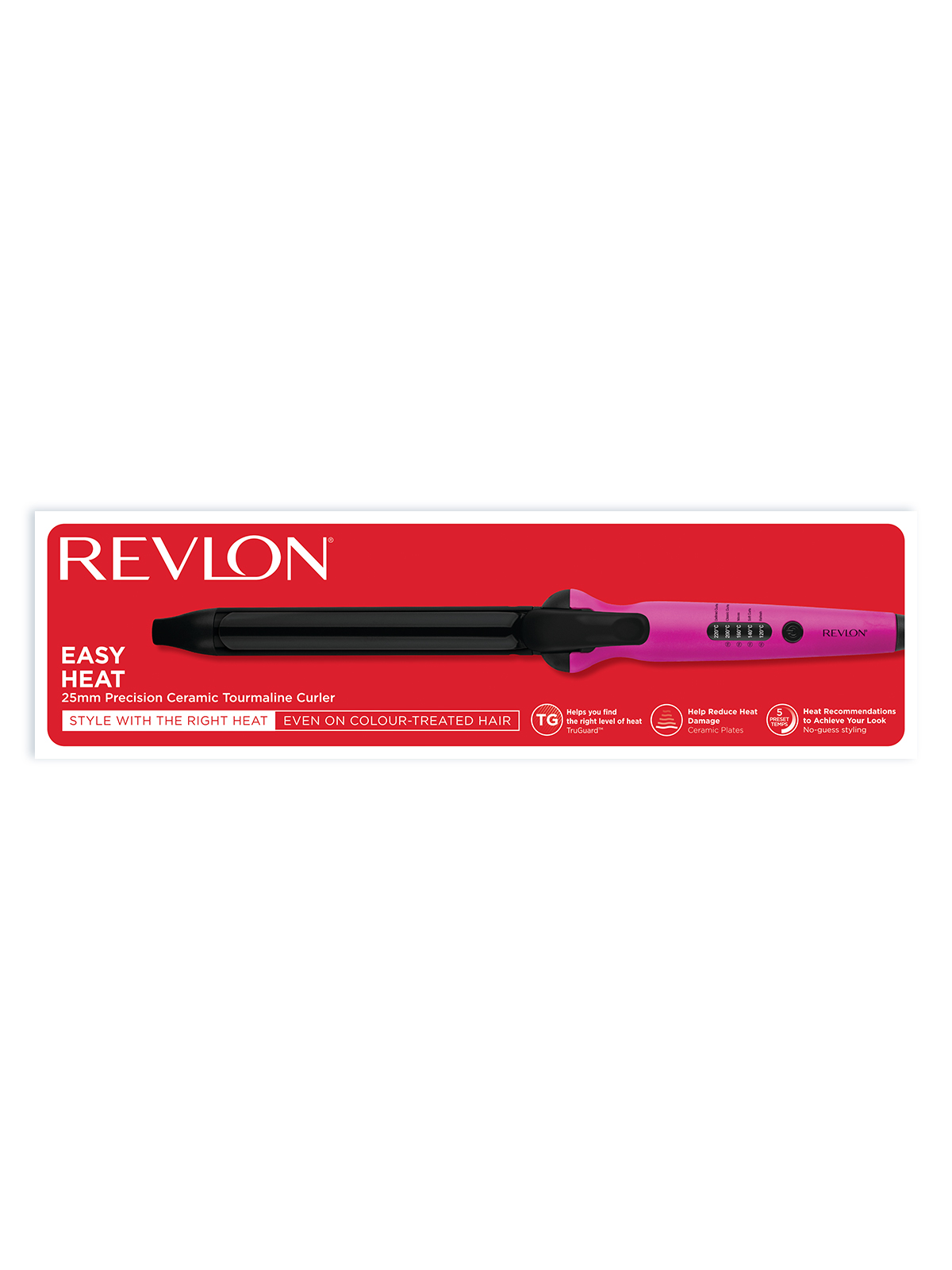 Revlon 25mm seramik turmalin maşa, pembe ve siyah, ısı şekillendirme bilgileriyle.