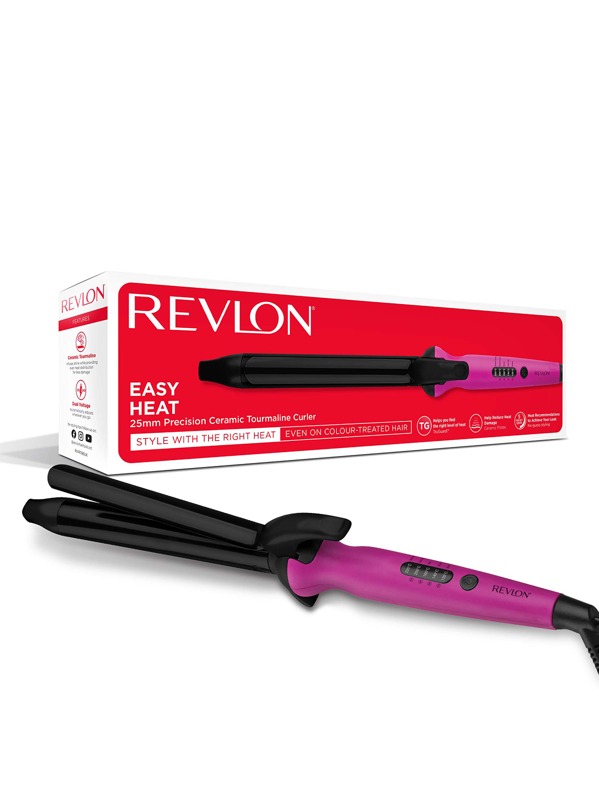 Siyah silindirli mor Revlon maşa, ambalaj kutusunun üzerinde duruyor.