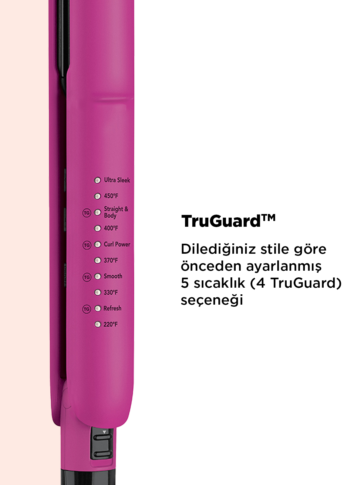 Mor saç düzleştirici ayarları: Ultra Sleek, 450°F, Straight & Body, 400°F, Curl Power, 370°F, Smooth, 330°F, Refresh, 220°F.