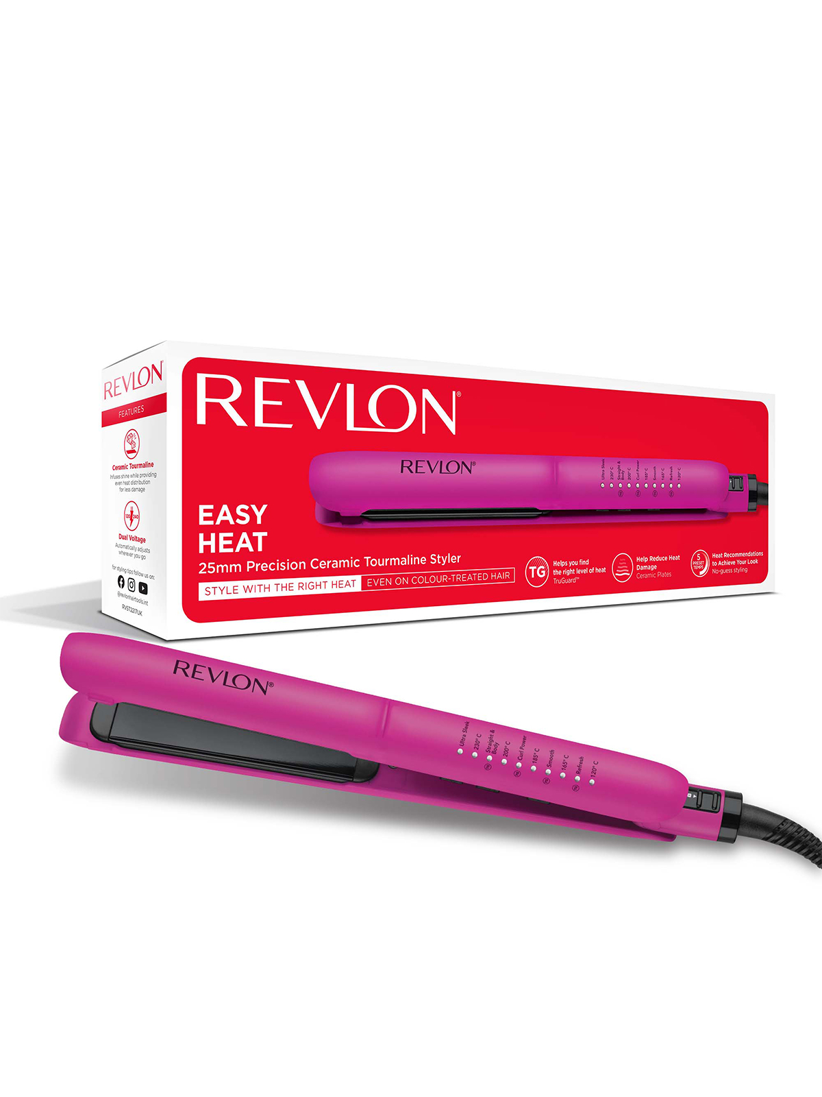 Seramik turmalinli ve ısı ayarlı pembe Revlon saç düzleştirici.