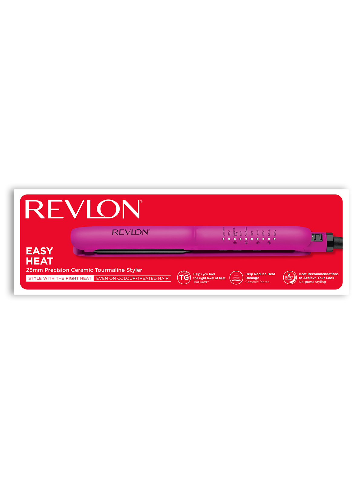 Revlon mor saç şekillendirici, ısı ayarları ve özellikler. Easy Heat, 25mm Seramik Turmalin.