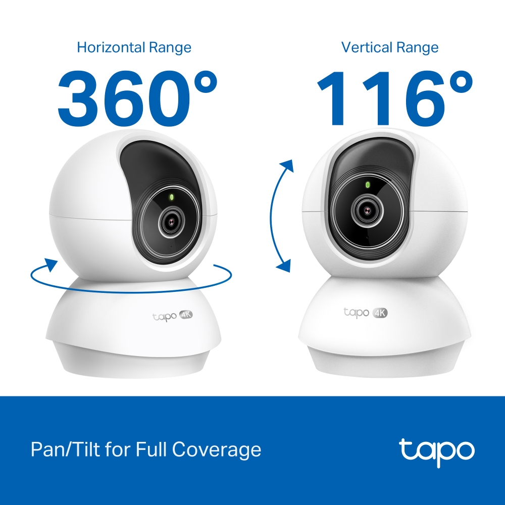 Fehér Tapo 4K biztonsági kamerák, 360° vízszintes és 116° függőleges hatótávolsággal.