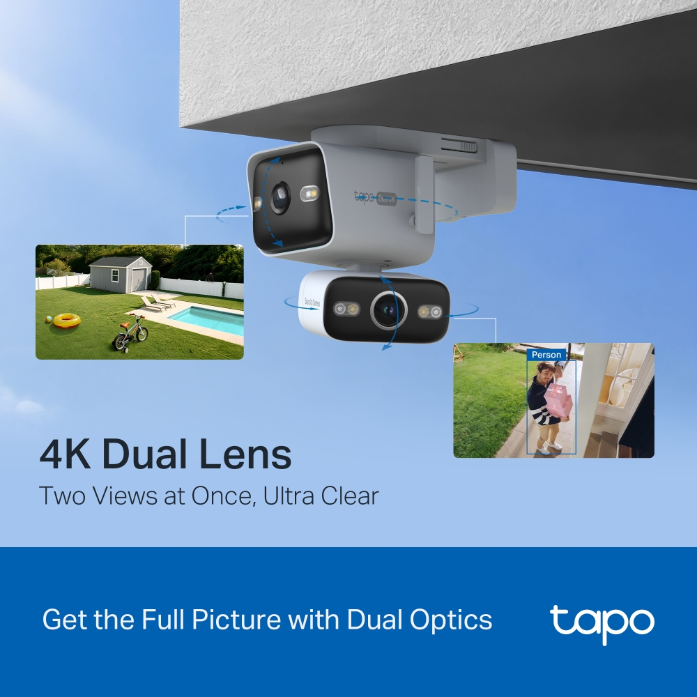 Kétlencsés biztonsági kamera udvart és személyt mutat. 4K Dual Lens.