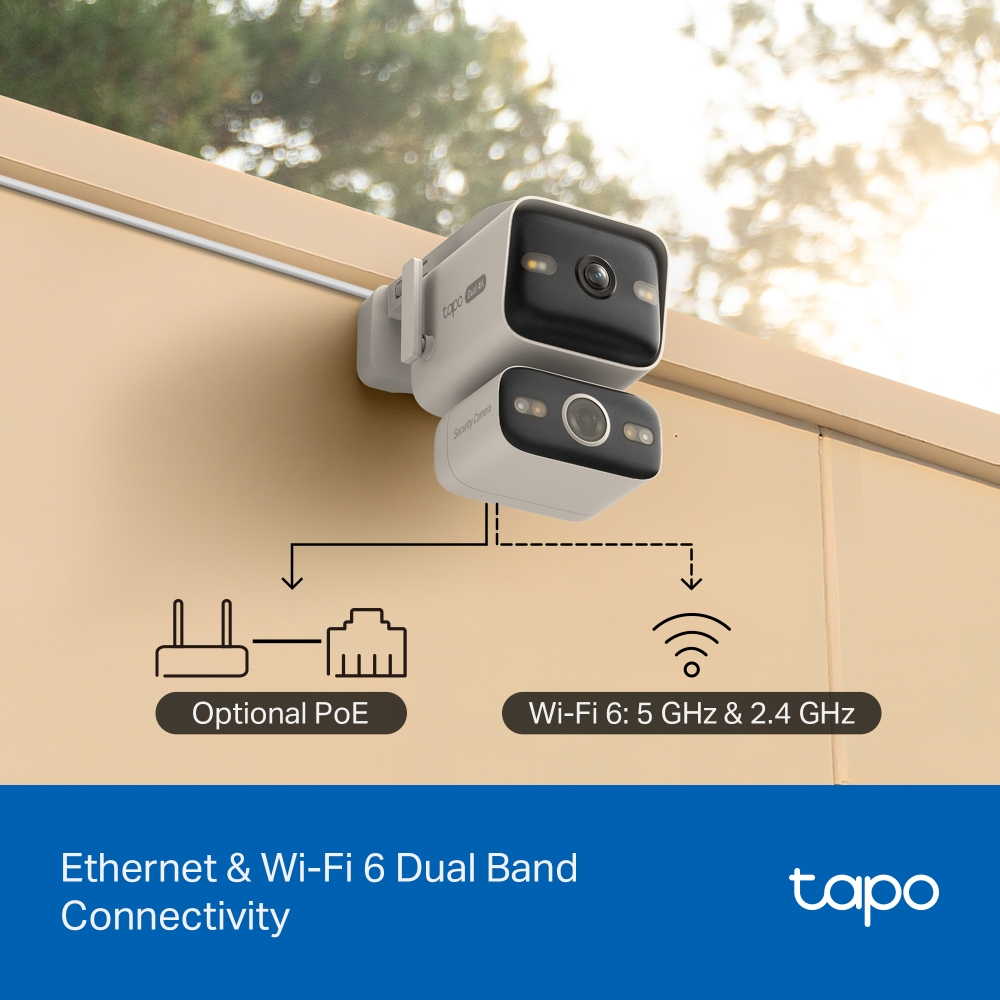 Két Tapo biztonsági kamera Ethernet és Wi-Fi 6 csatlakozási lehetőségeket mutat.