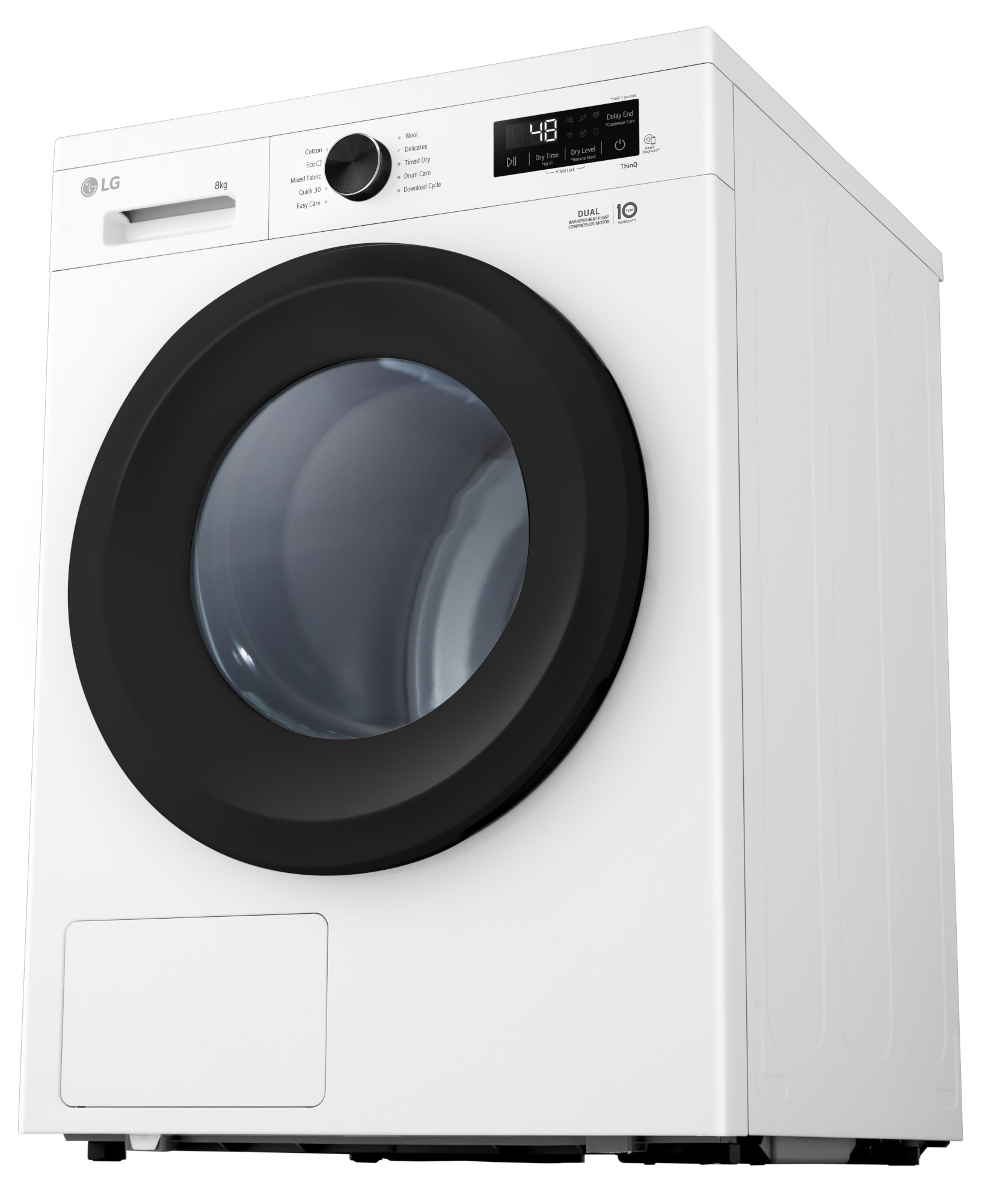 Fehér LG 8kg elöl-töltős szárító fekete ajtóval és digitális kijelzővel.