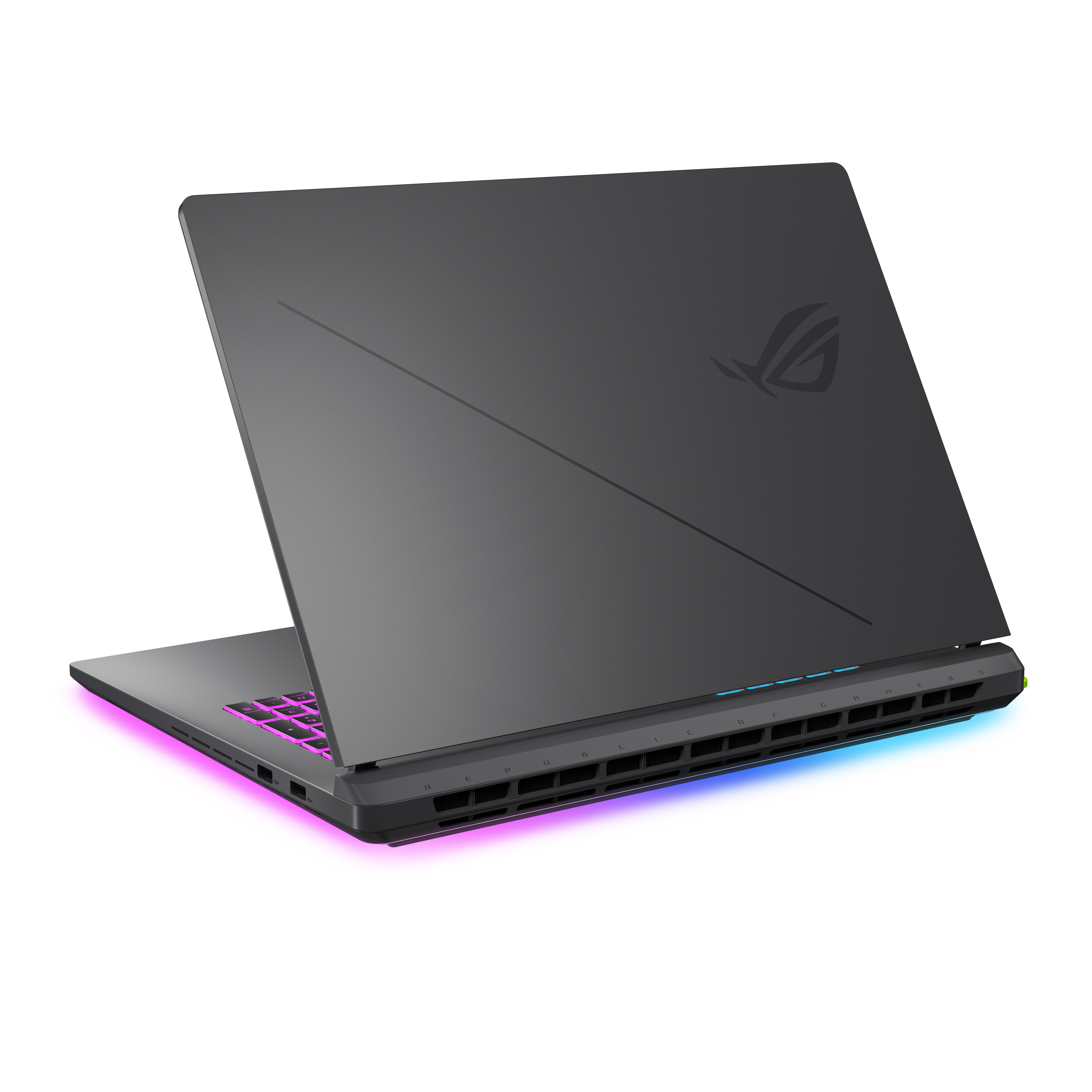 Kapalı, gri RGB aydınlatmalı ve ROG logolu dizüstü bilgisayar.