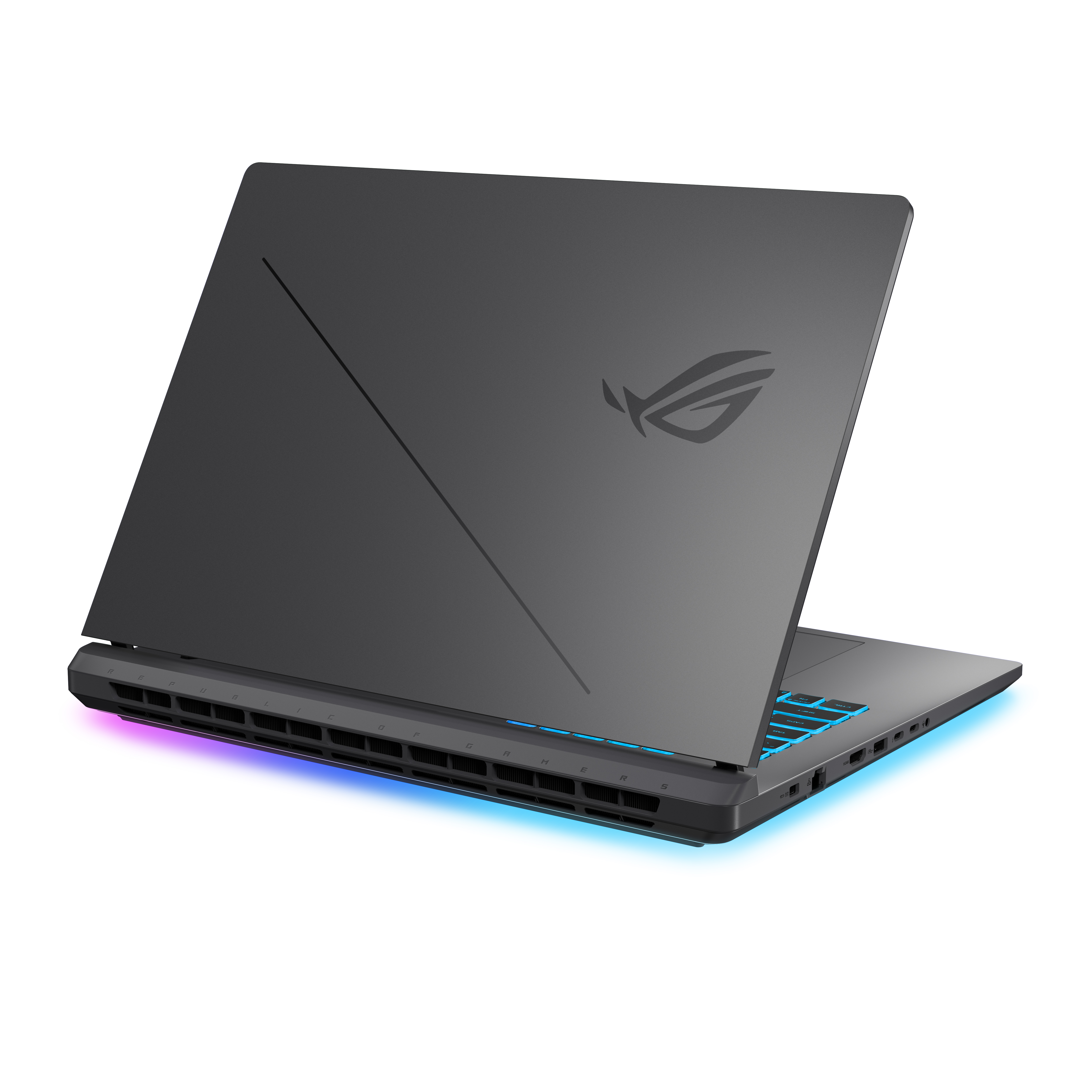 Mavi aydınlatmalı tuşlara ve RGB aydınlatmaya sahip siyah dizüstü bilgisayar.