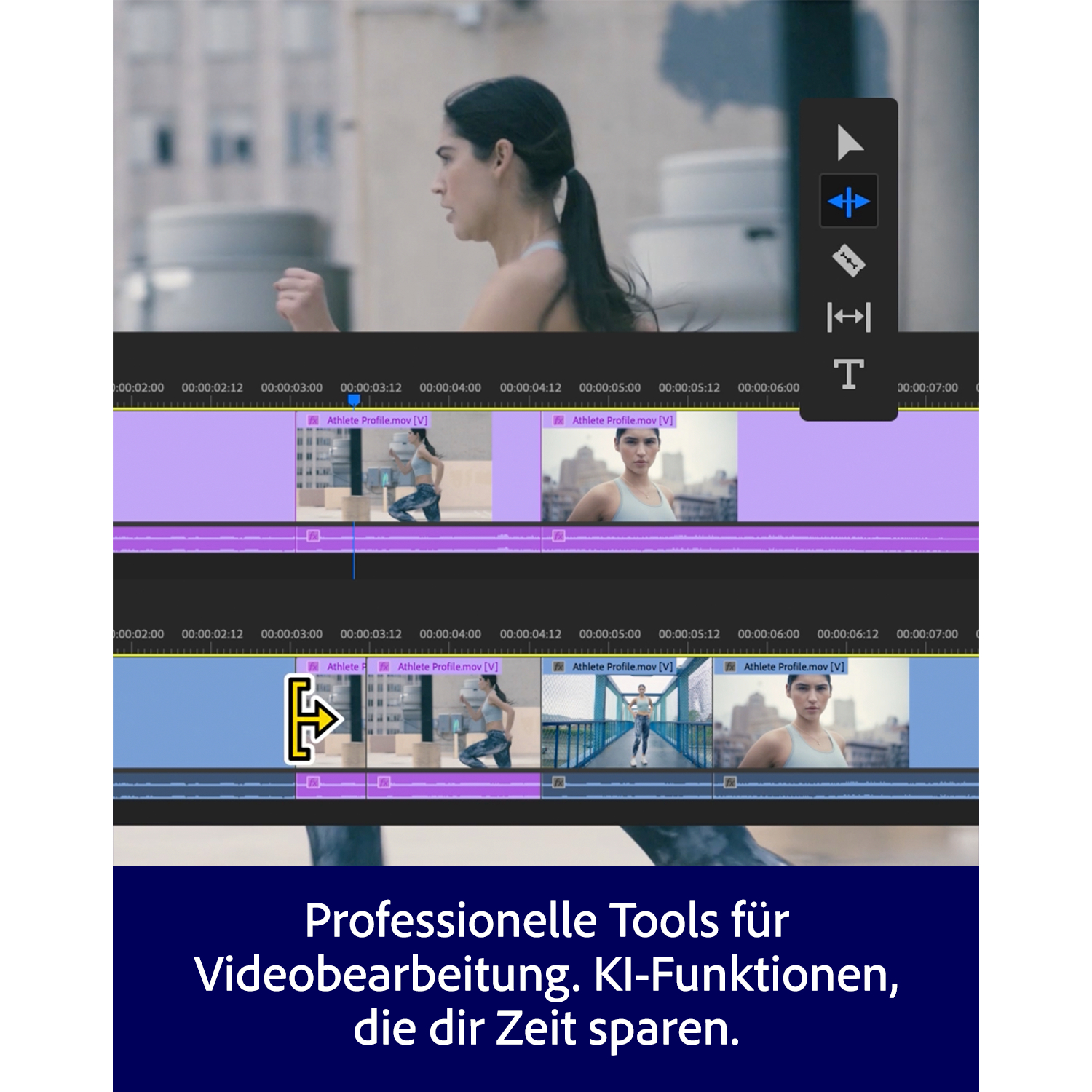 Videoeditor-Timeline mit Läuferin und Bearbeitungswerkzeugen.