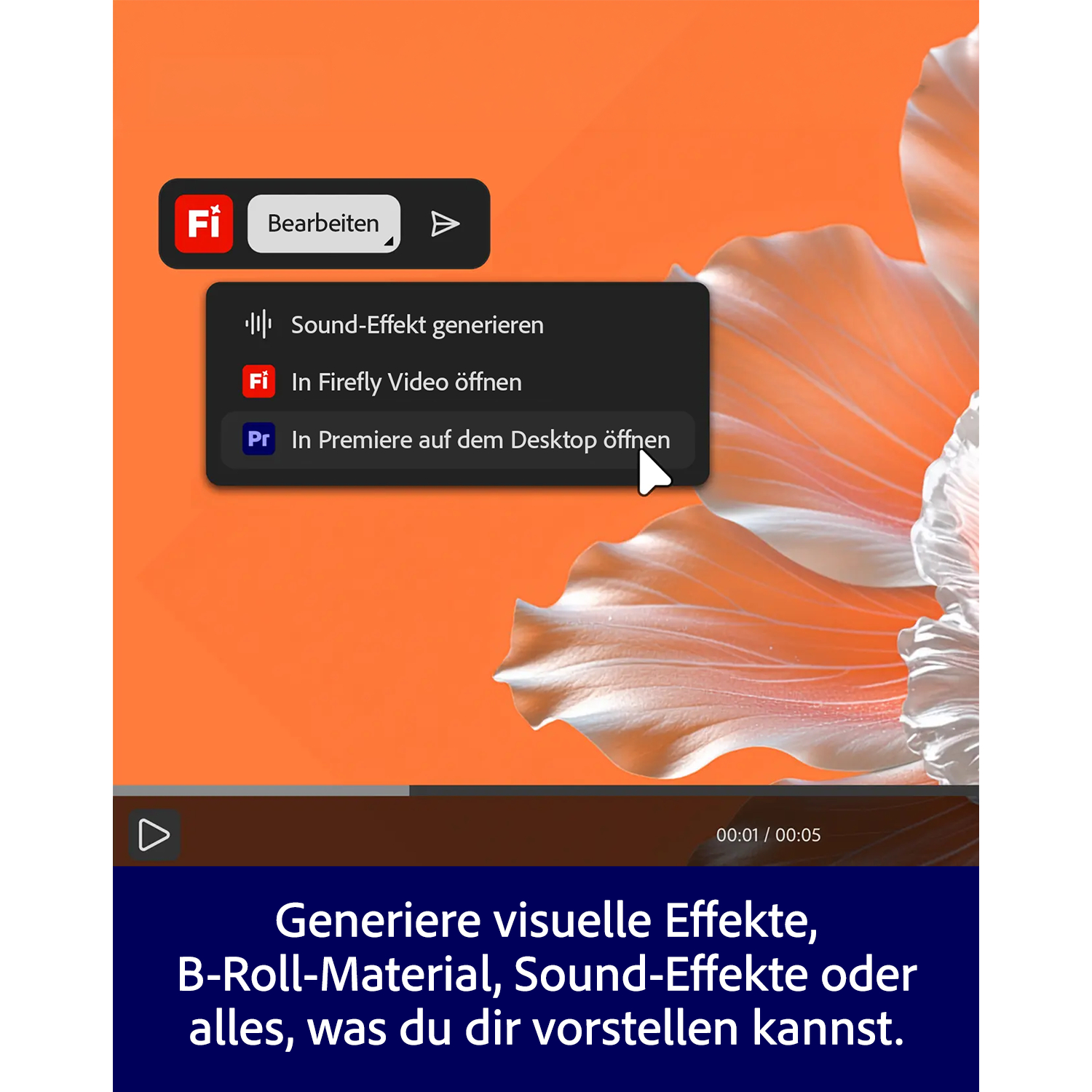 Ein Menü mit Optionen wie Sound-Effekt generieren, Firefly Video und Premiere öffnen.