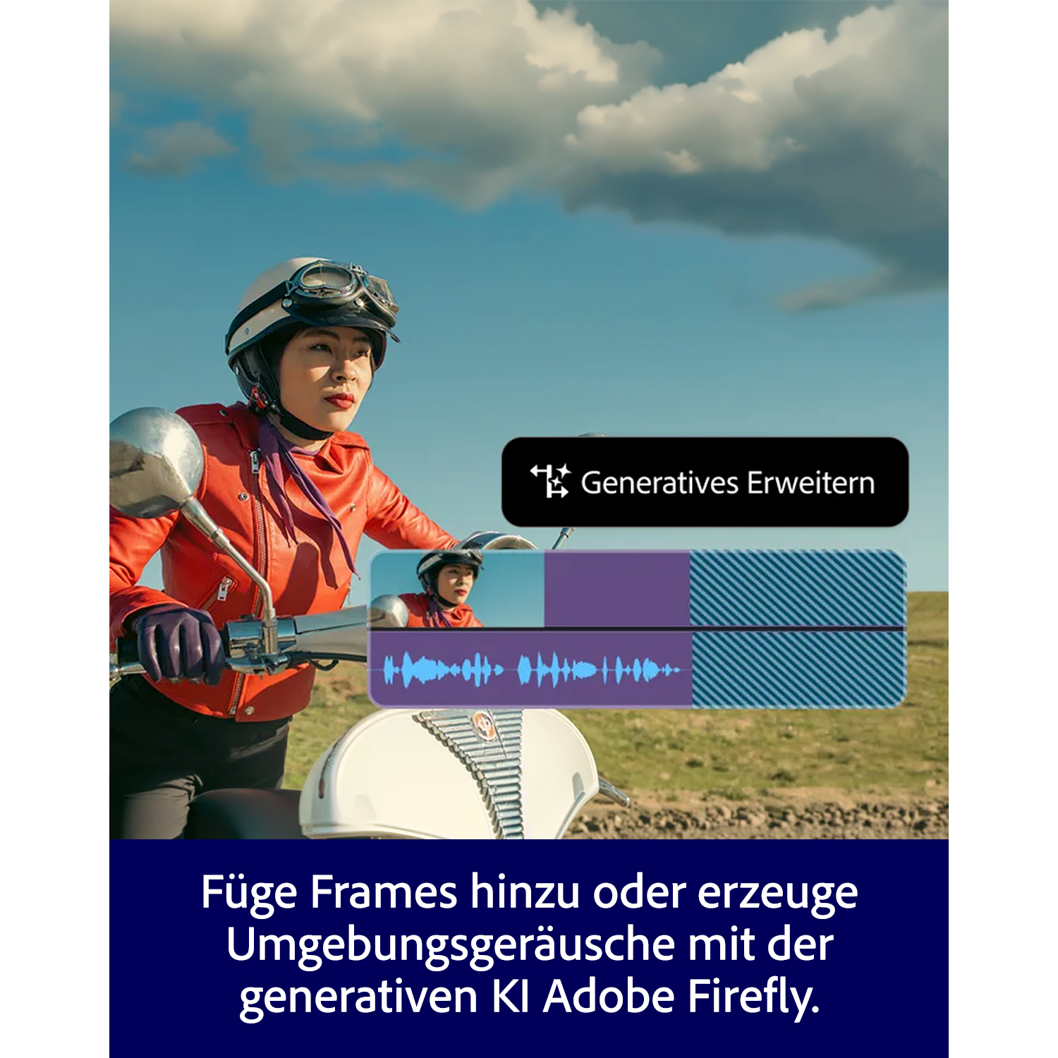 Frau auf Roller mit Helm und Brille. Generative KI-Bearbeitungswerkzeuge gezeigt.