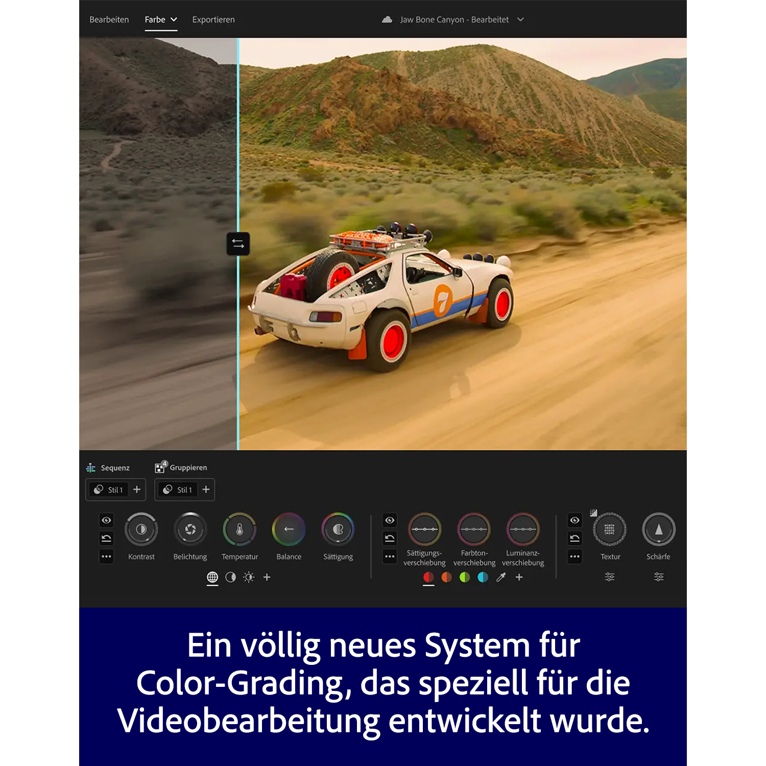 Ein weißes Auto mit roten Akzenten fährt auf einer Schotterstraße in einer Canyonlandschaft.