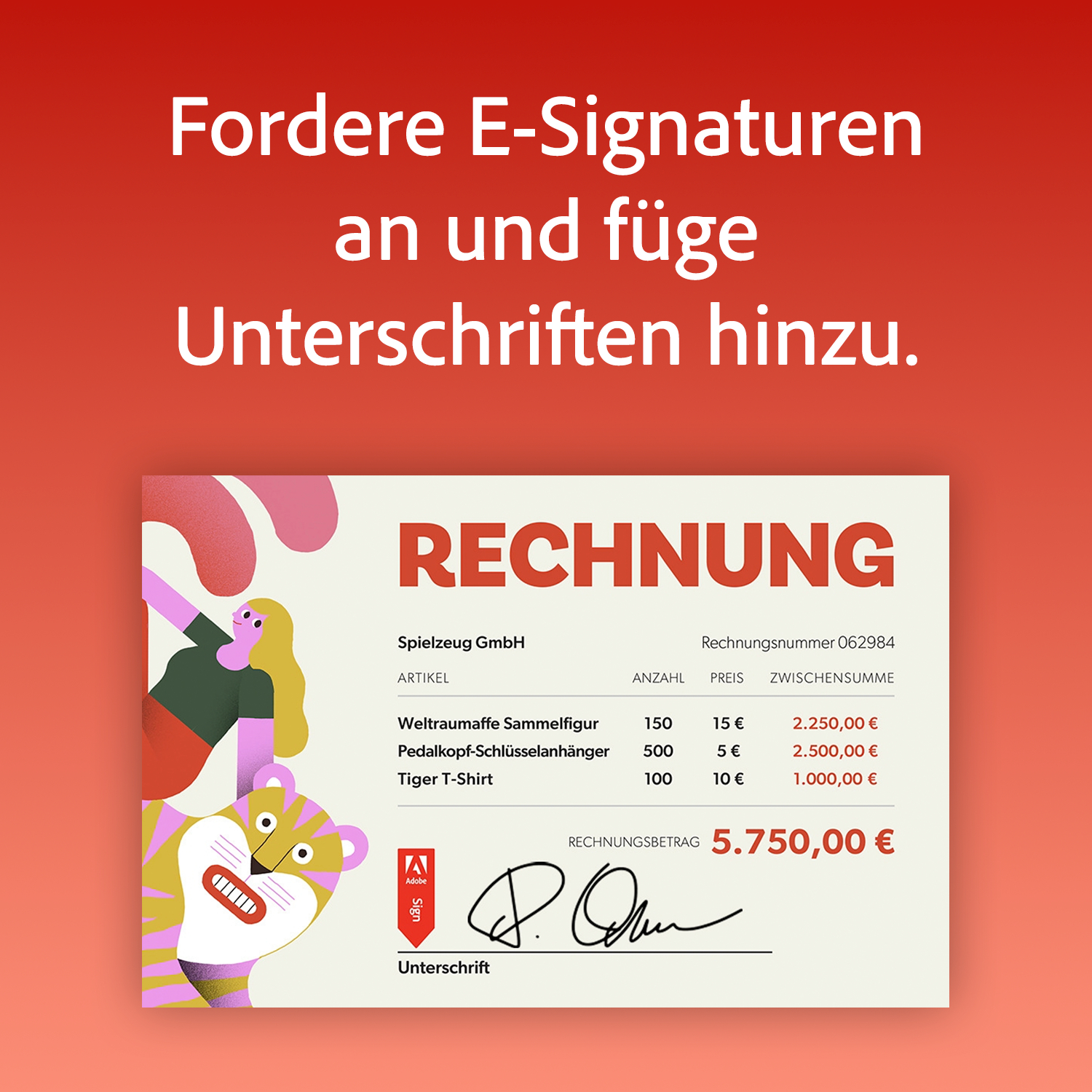 Rechnung mit bunter Illustration einer Frau und eines Tigers. Fordere E-Signaturen an.