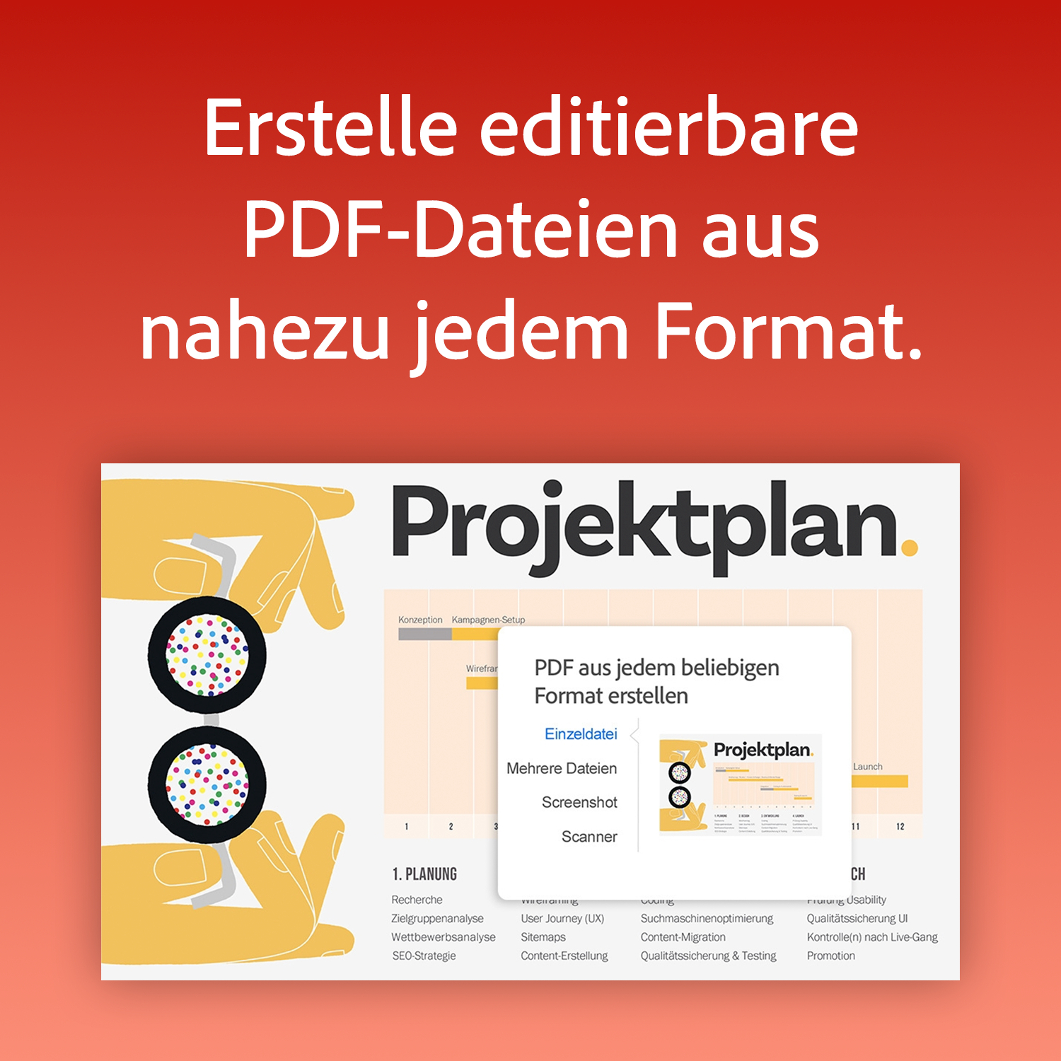Gelber Hintergrund mit Text und einem Ausschnitt eines Projektplans.