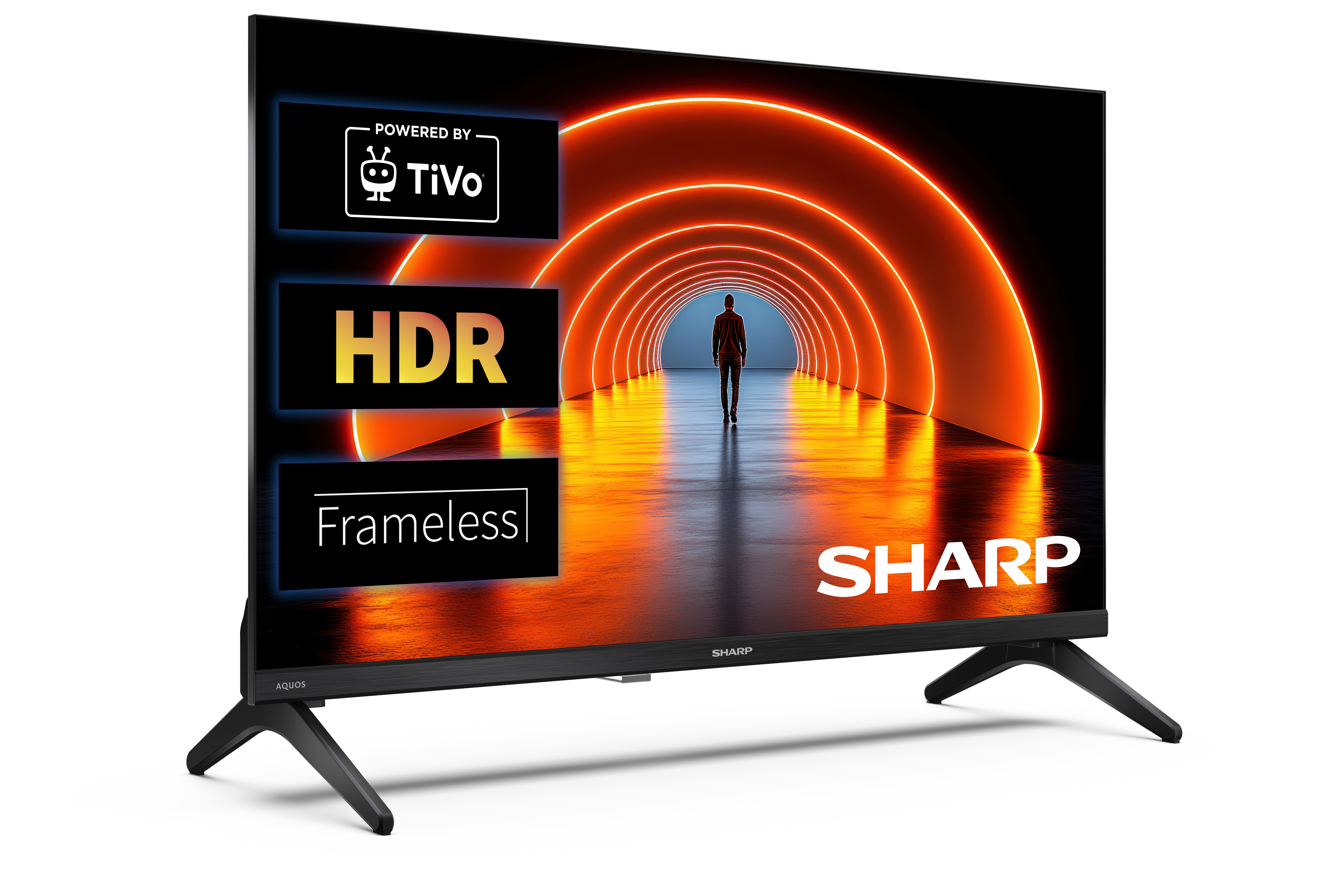 Telewizor Sharp z TiVo, HDR i funkcjami bezramkowymi na ekranie.