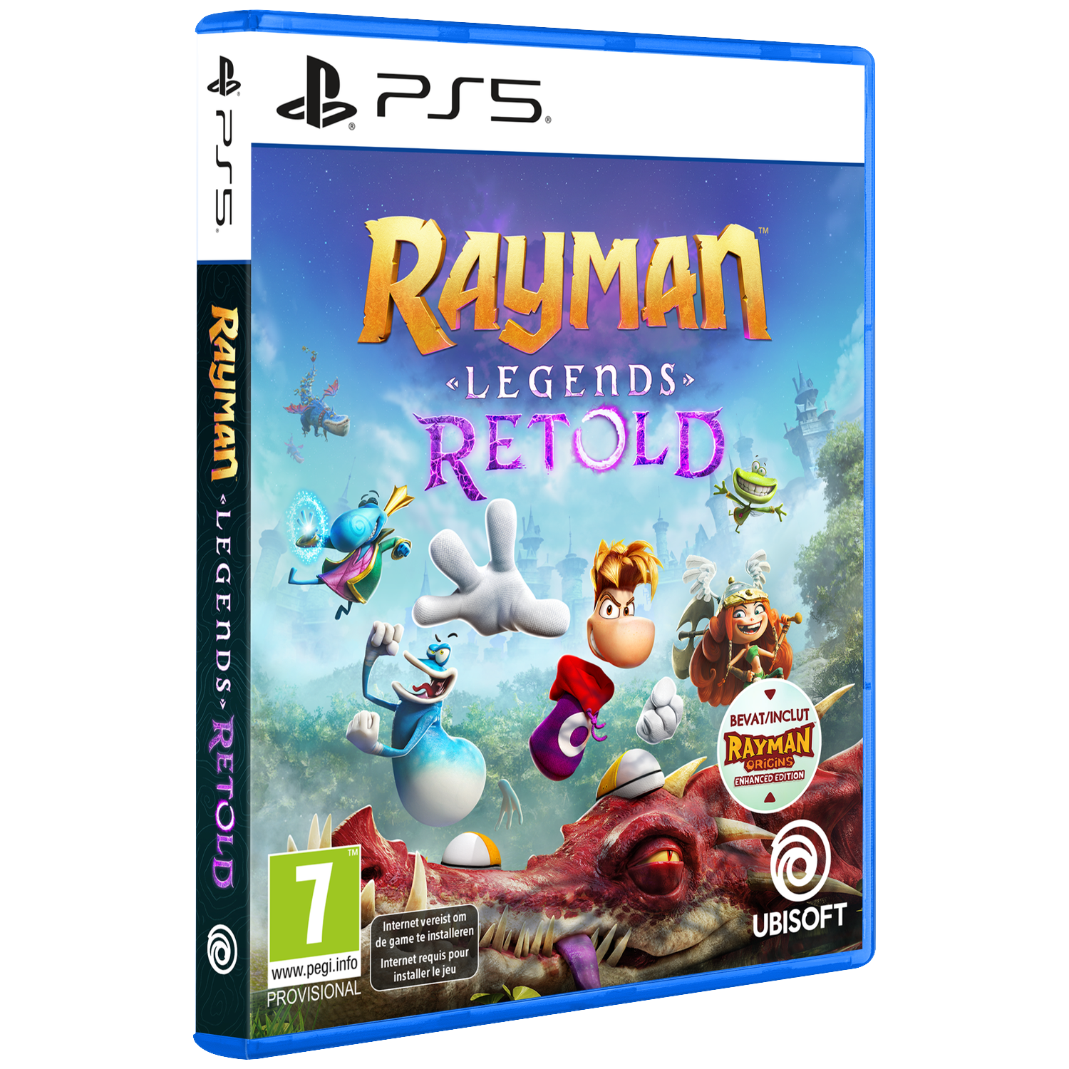 Rayman Legends Retold PS5 gamehoes met Rayman, Globox, Murfy en een rode draak.