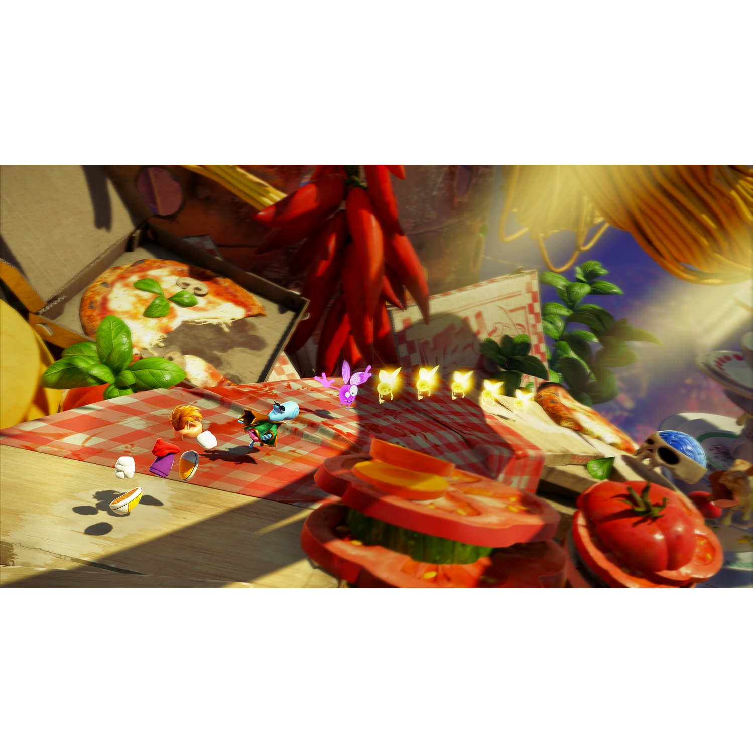Stripfiguren rennen op geblokte doek met pizza en tomaten.