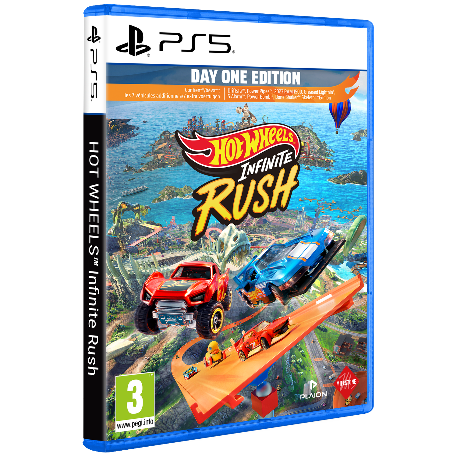 Hot Wheels Infinite Rush PS5 gamecover met auto's op banen, eilanden en heteluchtballon.