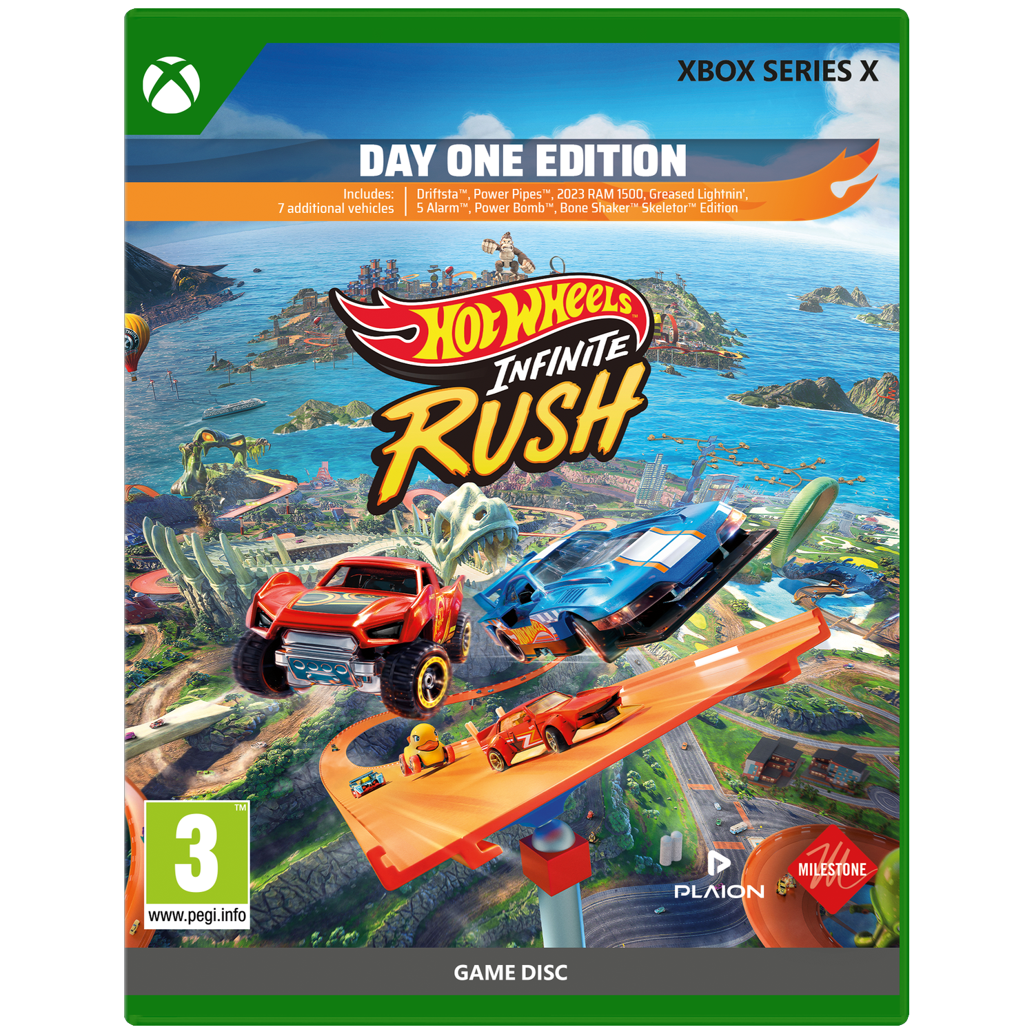 Hot Wheels Infinite Rush spelhoes met auto's op oranje baan, Xbox Series X-logo.