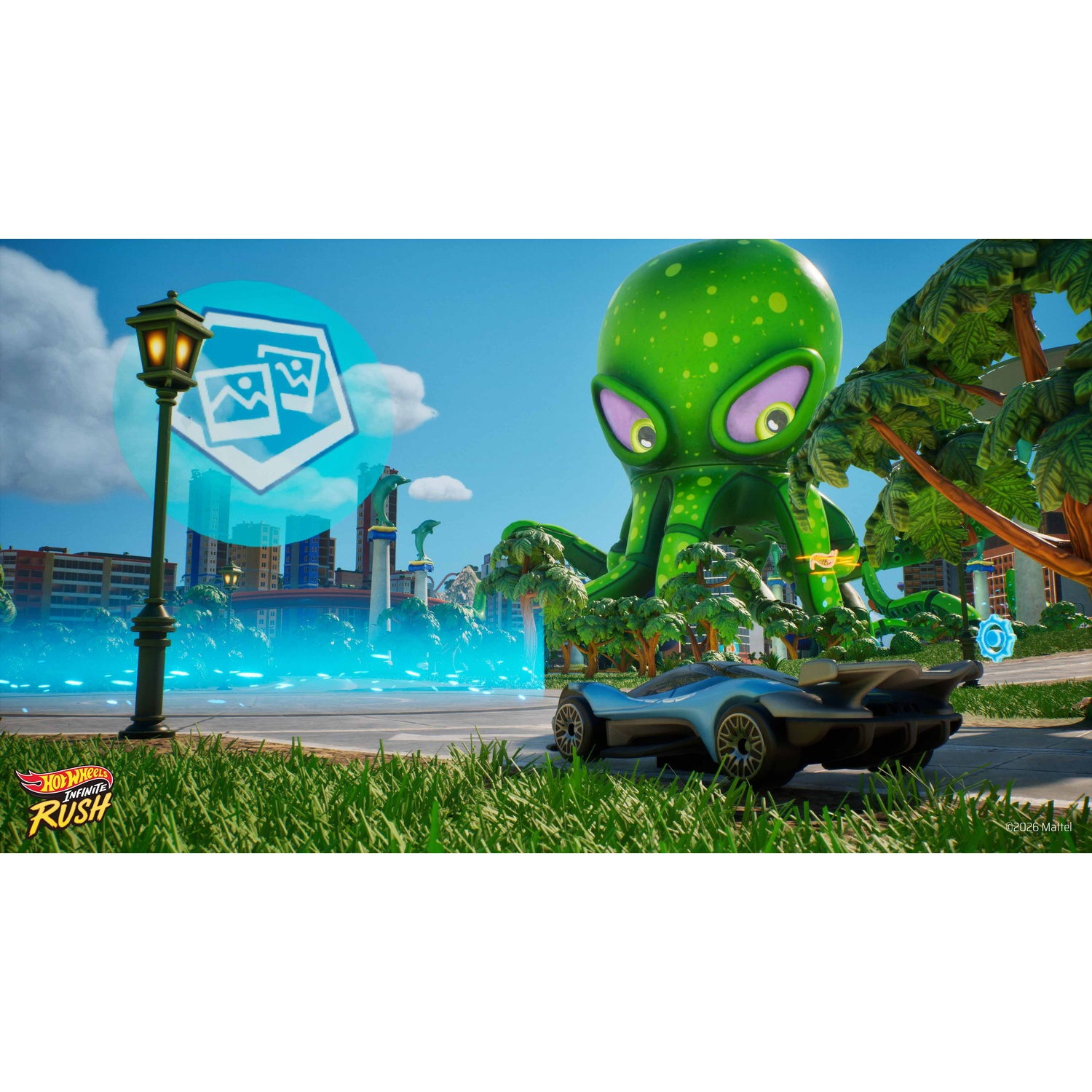 Een futuristische auto voor een gigantische groene alien-octopus en stadssilhouet.