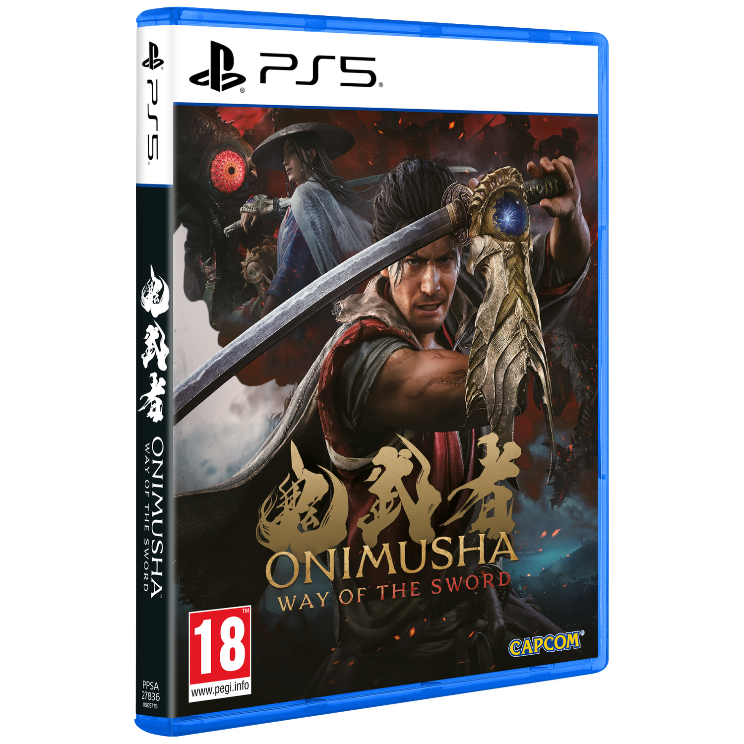 PS5 gamehoes: Man met zwaard, monsterogen, Japanse karakters.