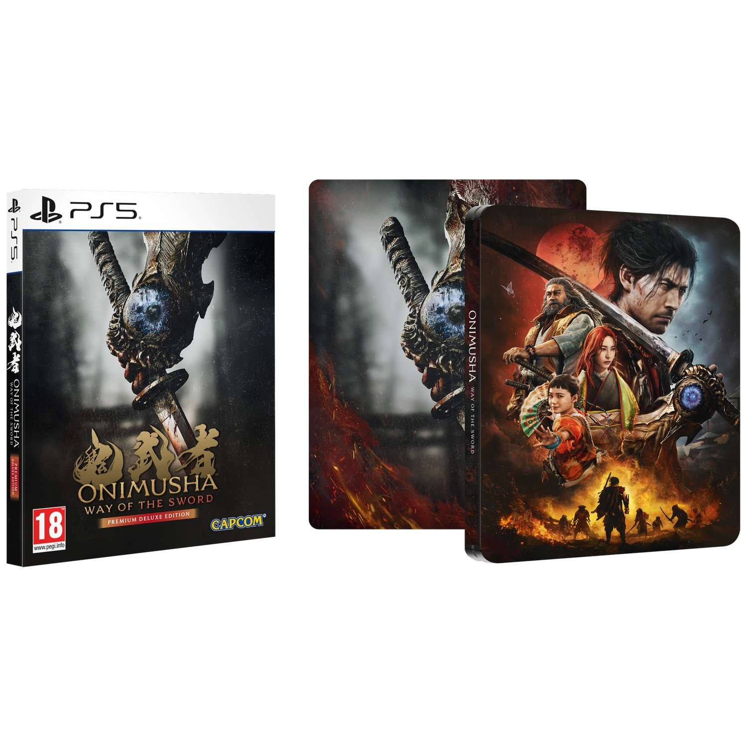 PS5-speldoosje en steelbook van Onimusha: Way of the Sword met personages en demonische elementen.