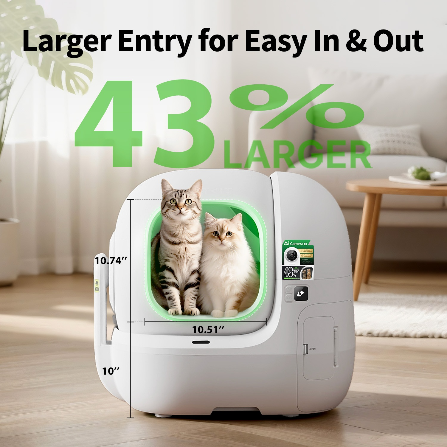Two cats sit in a large, white automatic litter box with a green interior. Text highlights '43% LARGER'.