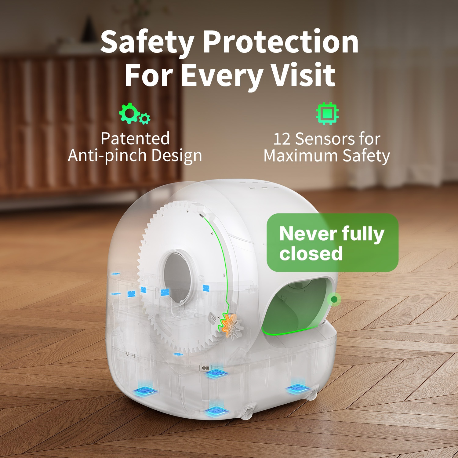 Transparent cat litter box with safety features: patented anti-pinch design, 12 sensors.