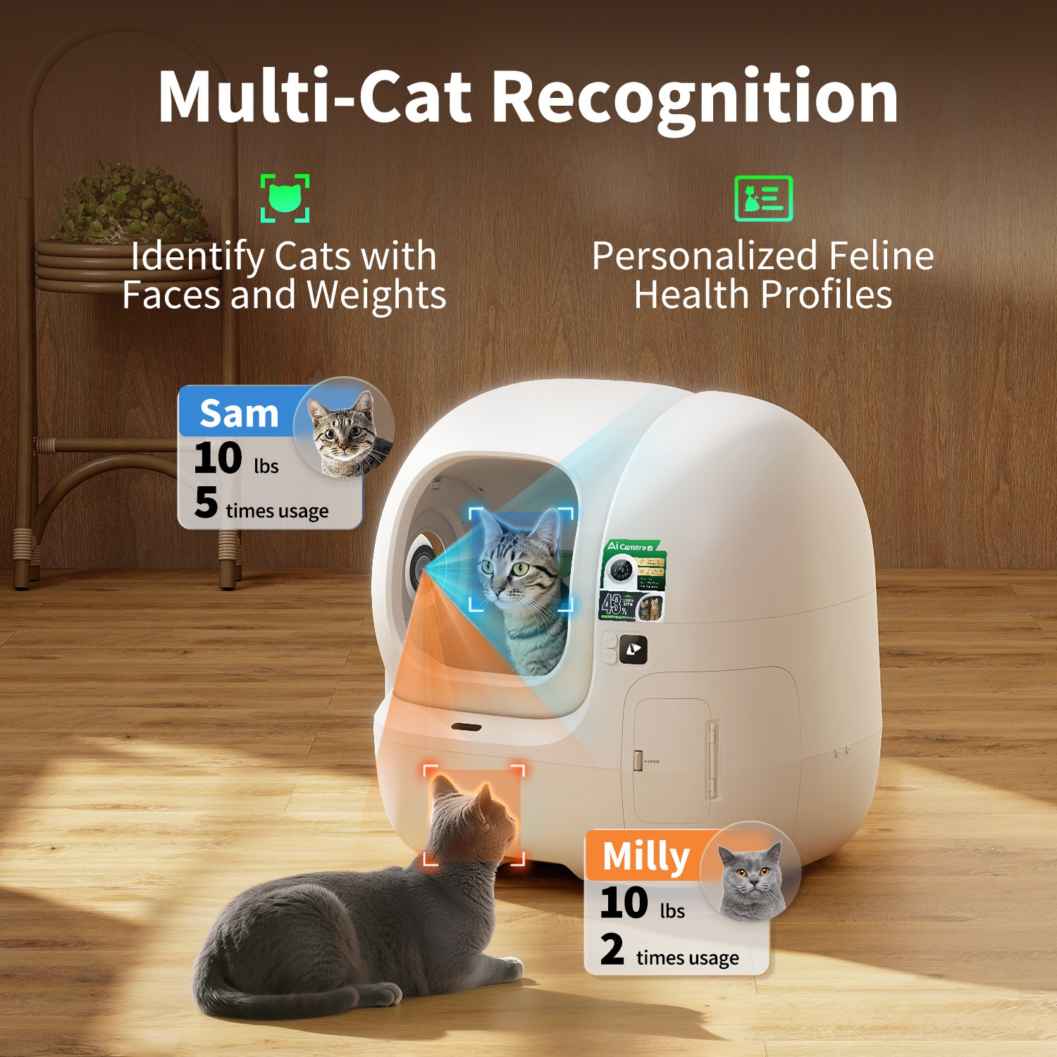 Automatic litter box recognizes cats by face and weight. Sam weighs 10 lbs, Milly 10 lbs.