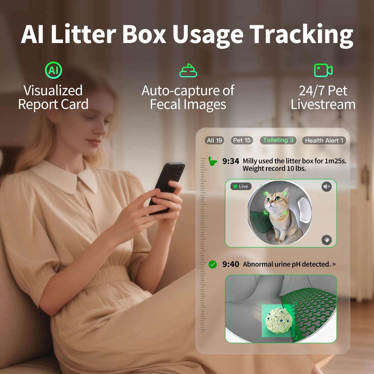 Woman uses smartphone, AI litter box tracking with live cat images and alerts.
