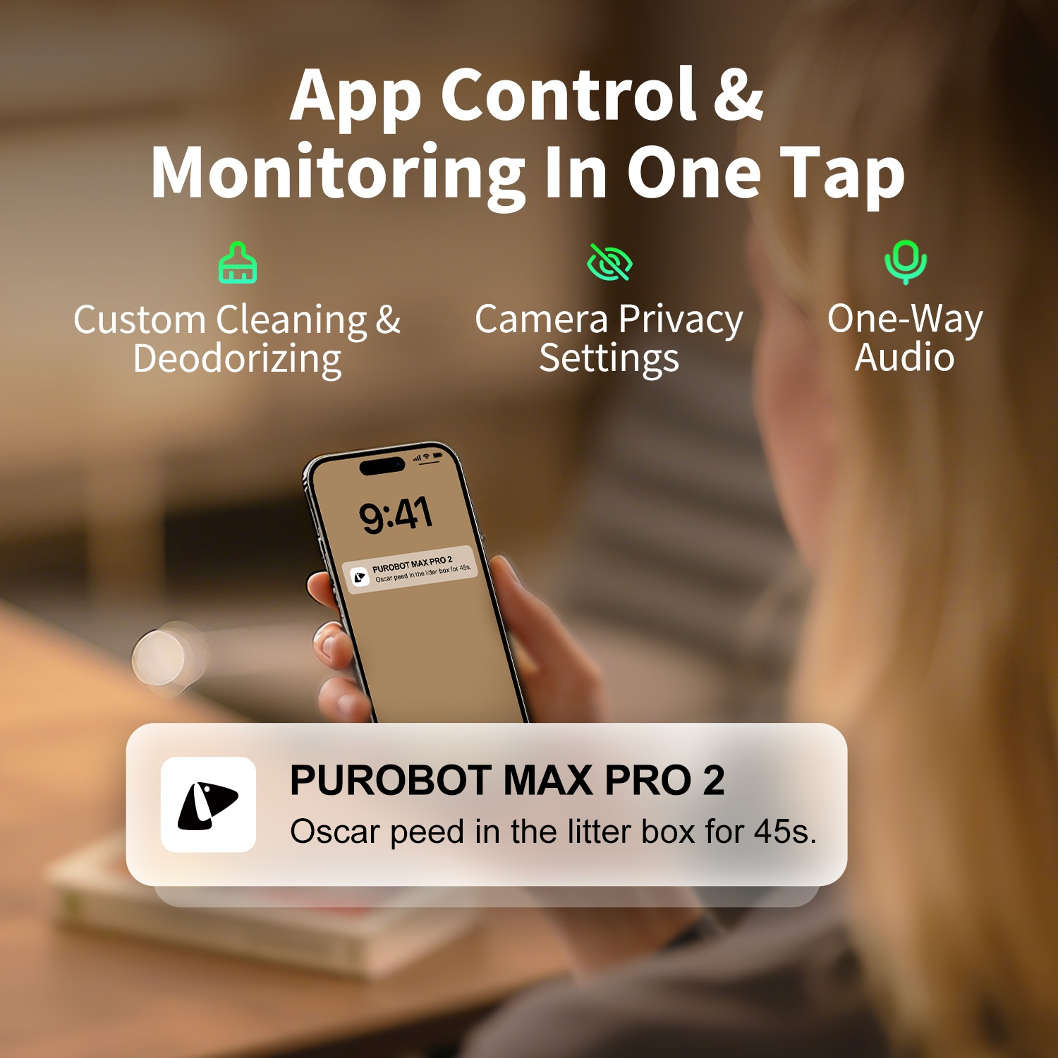 App control for litter box with phone notification showing pet activity.