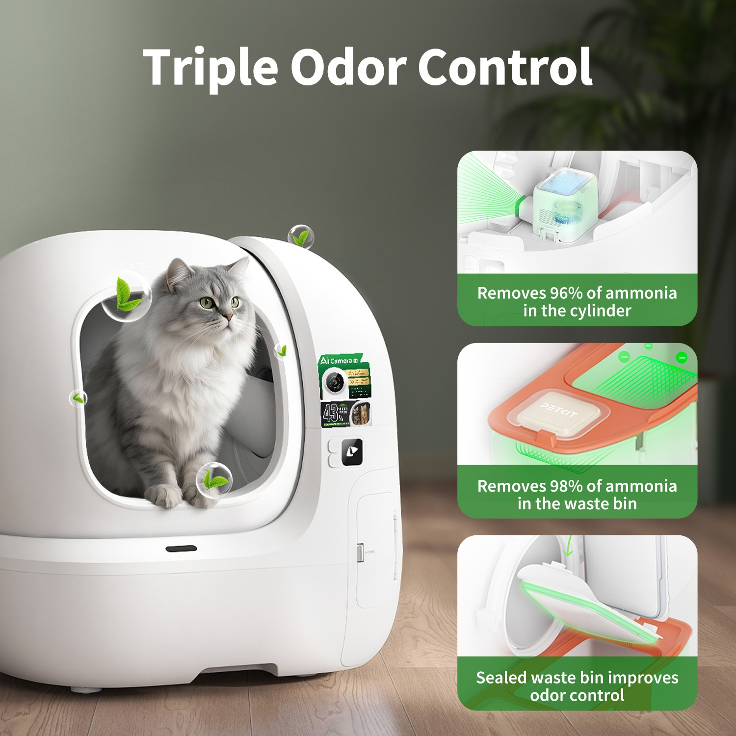 Grey cat in a white self-cleaning litter box, with odor control feature details.