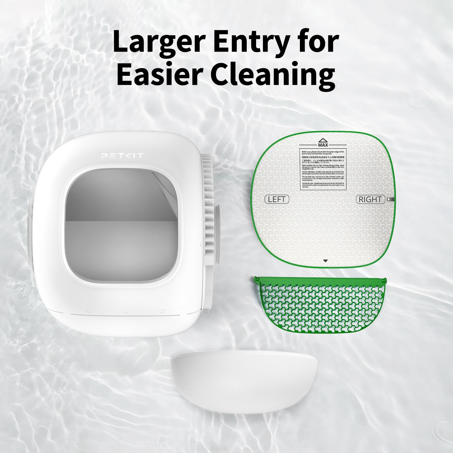 A white cat litter box with accessories on a water background.