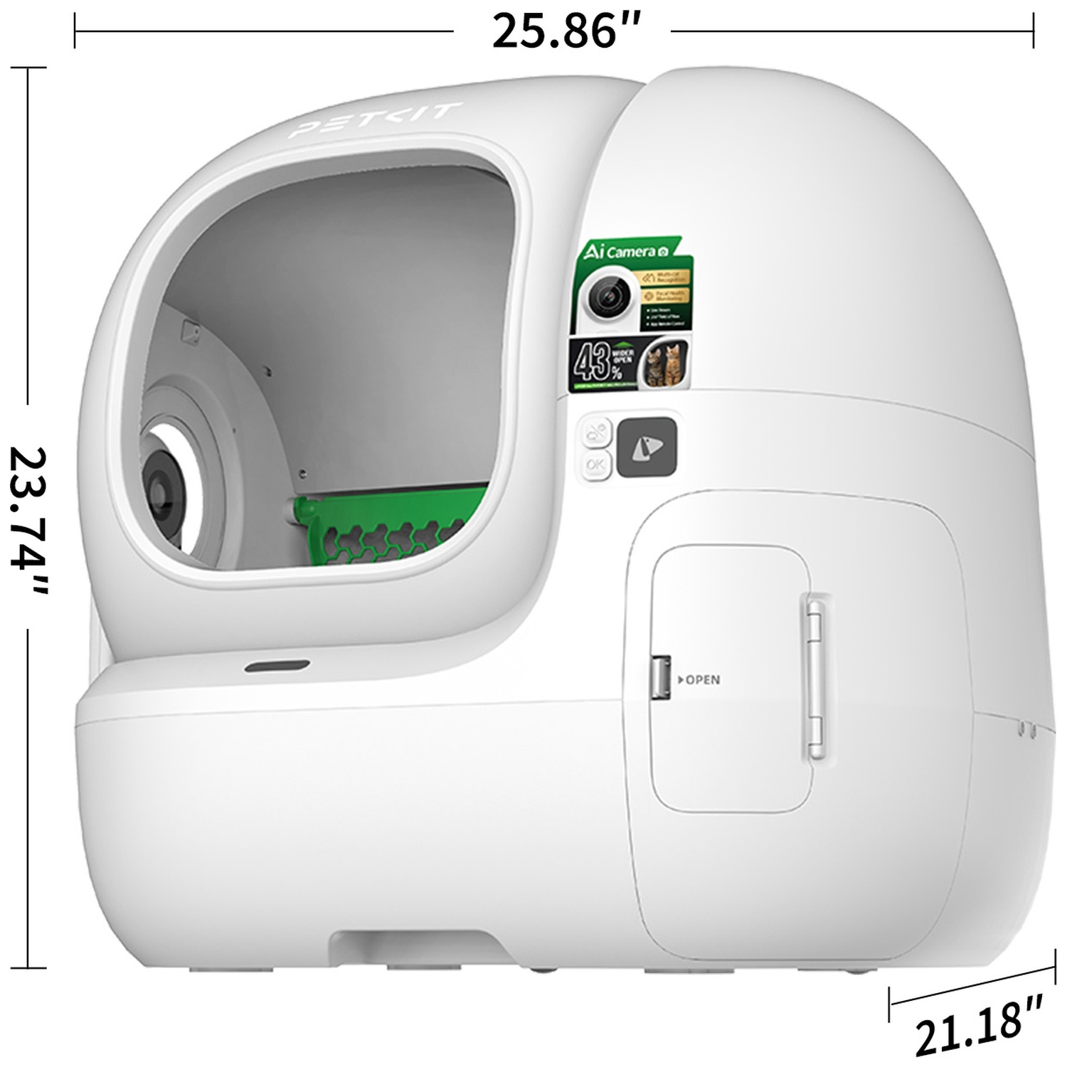 White automatic pet litter box with AI camera and dimensions labeled.