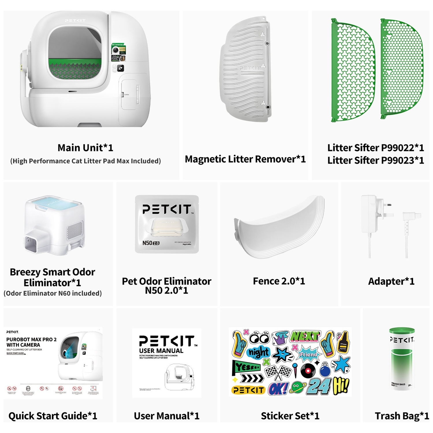 Collection of pet products: cat litter box, odor eliminator, adapter, trash bags.