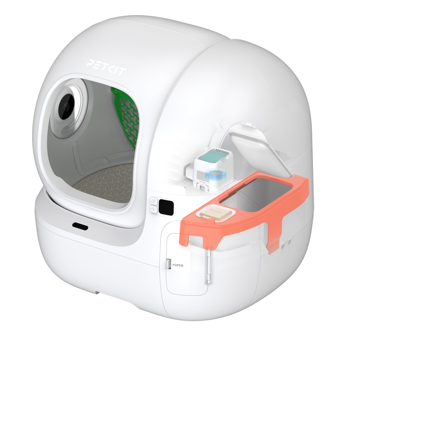 A white cat litter box with transparent sections revealing interior components.