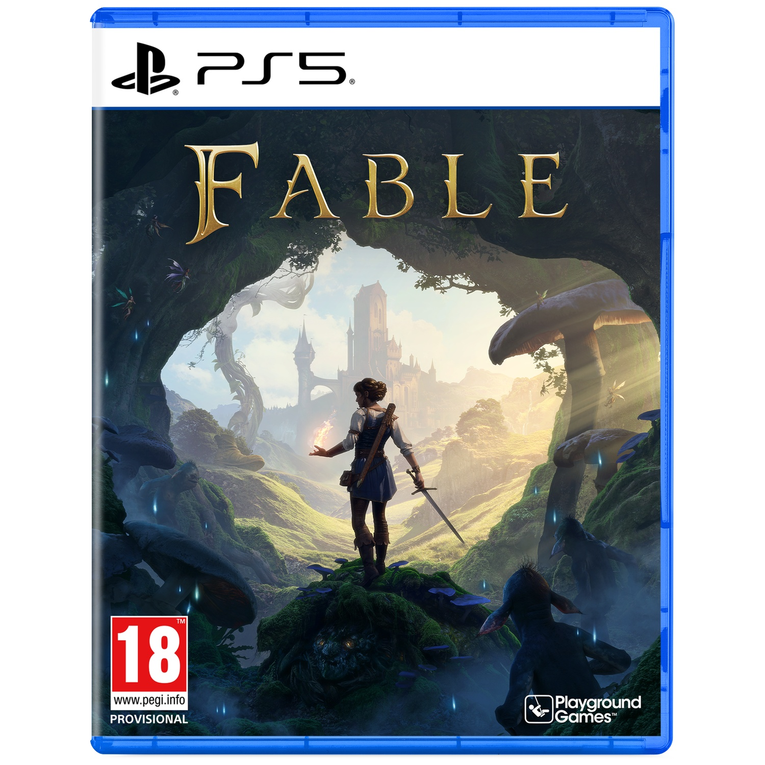 Fable PS5 game cover: Jongere met zwaard en magie voor kasteel en paddenstoelen.