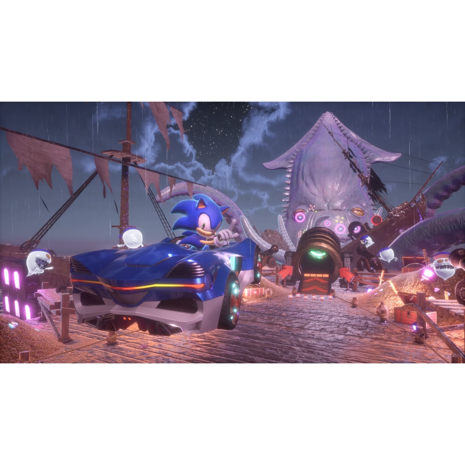 Sonic conduit une voiture de course bleue sur une jetée en bois. Une créature violette géante en arrière-plan.