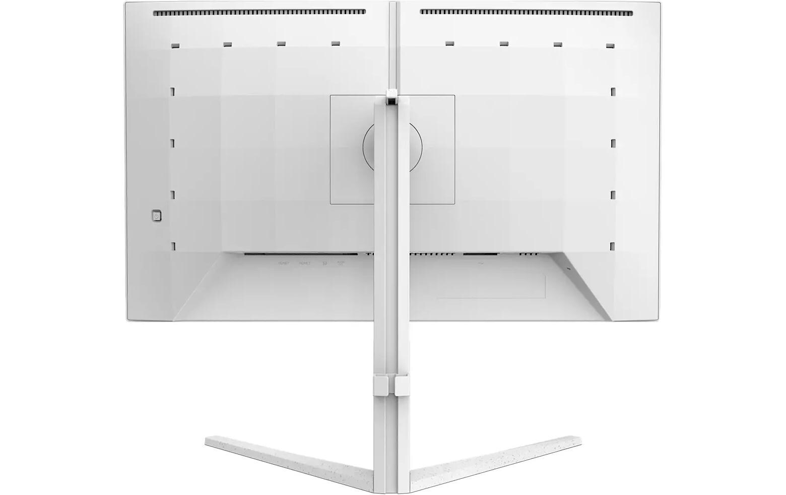 Dos monitores blancos se muestran desde atrás, conectados por un soporte.