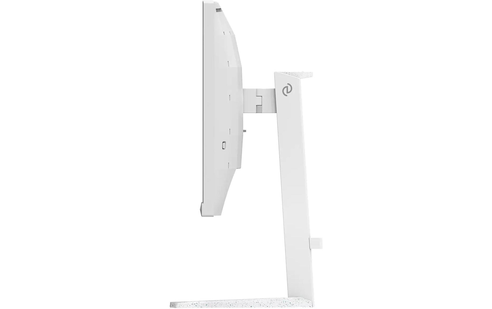 Monitor blanco de perfil sobre un soporte blanco con logo.