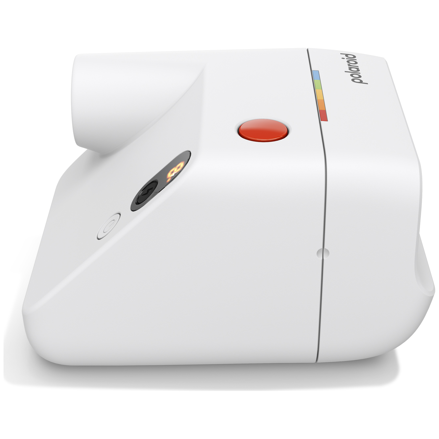 Een witte Polaroid instant camera met rode sluiterknop en regenboogaccent.