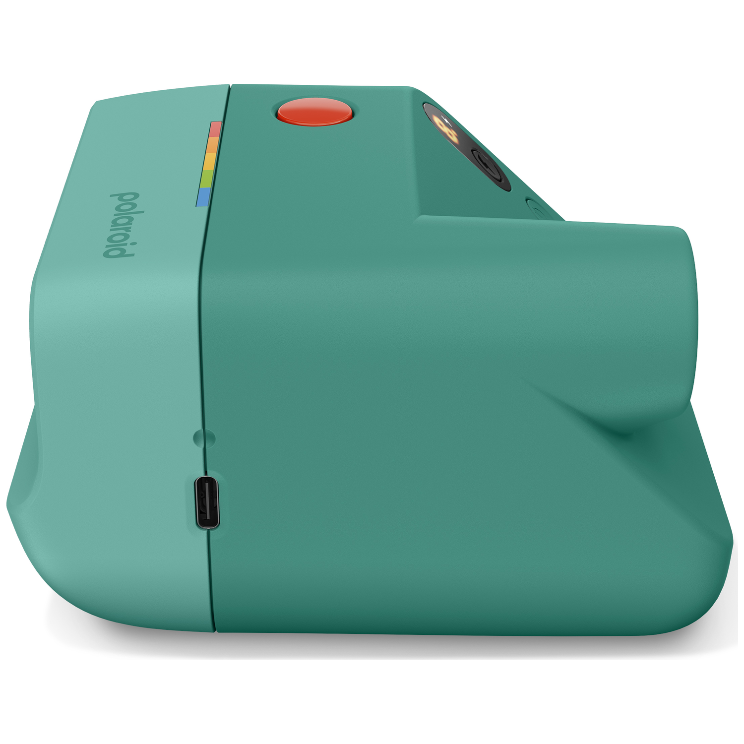 Een teal Polaroid camera met rode sluiterknop en USB-C poort.