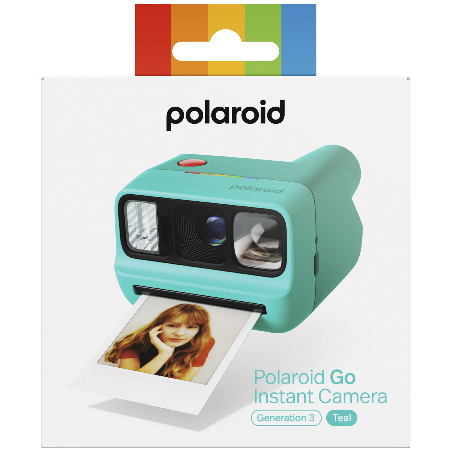 Turquoise Polaroid Go instant camera met foto van jonge vrouw.