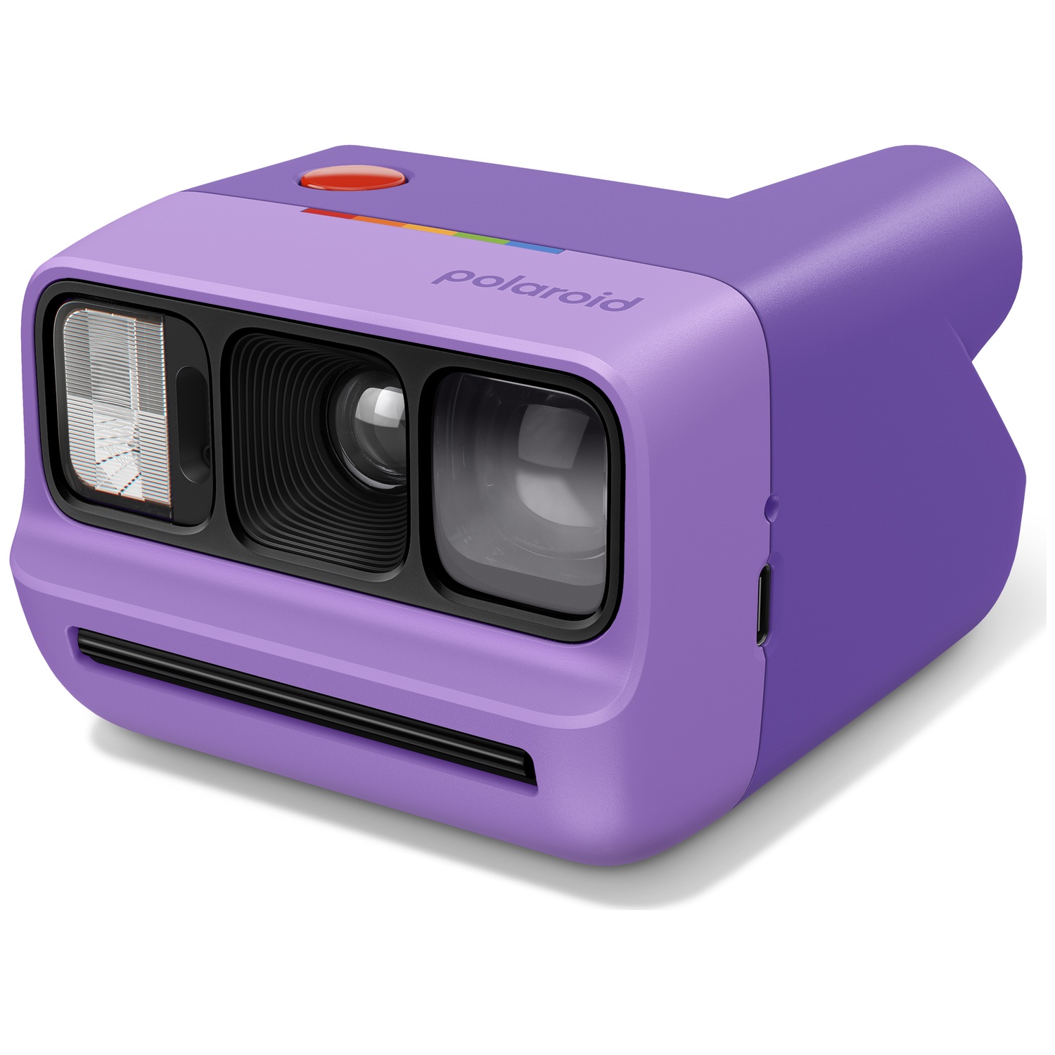 A purple Polaroid instant camera with a red button and rainbow detail on top.