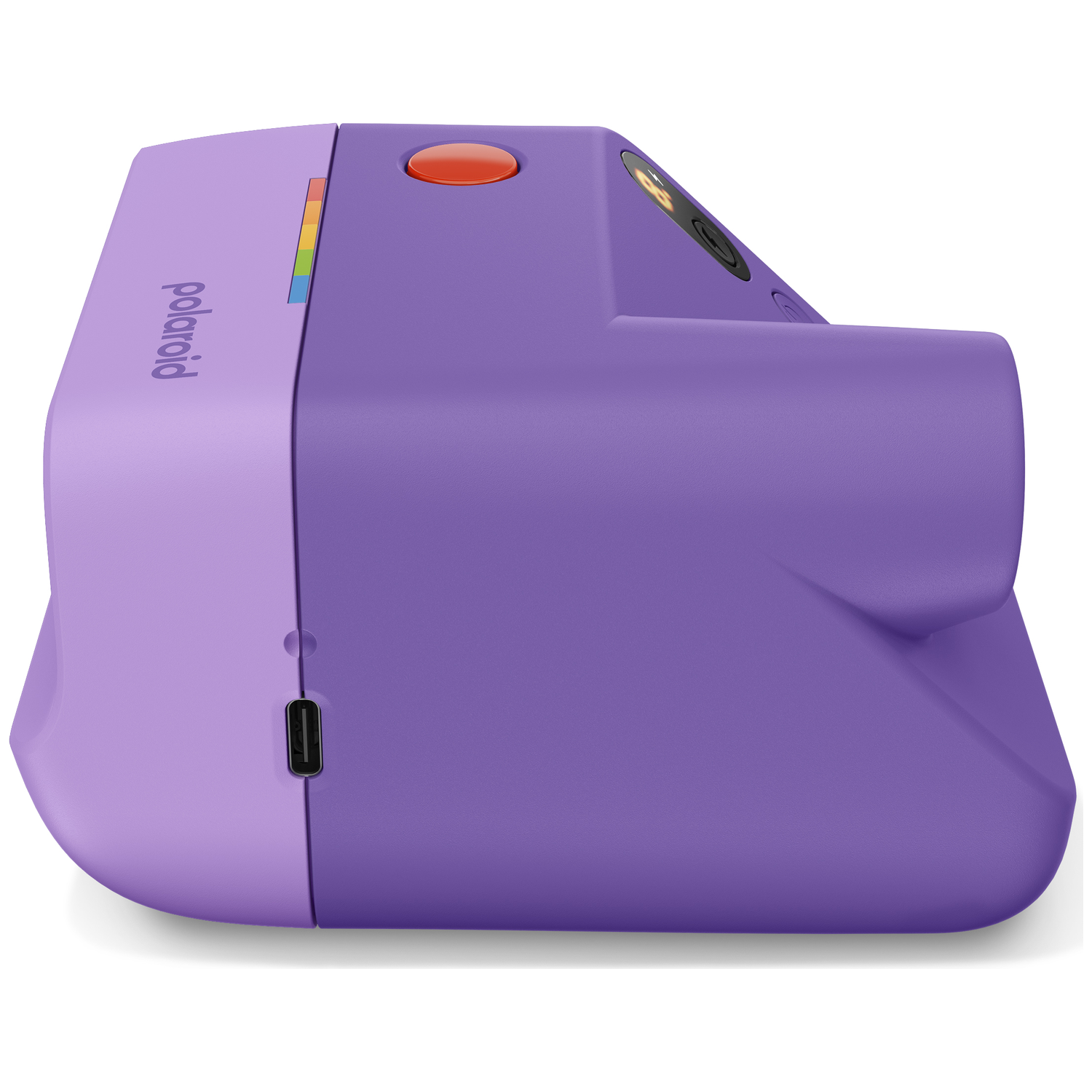 A purple Polaroid instant camera with a rainbow stripe and orange button is shown.